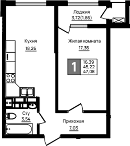 Продается 1-комн. квартира, 45.22 м²