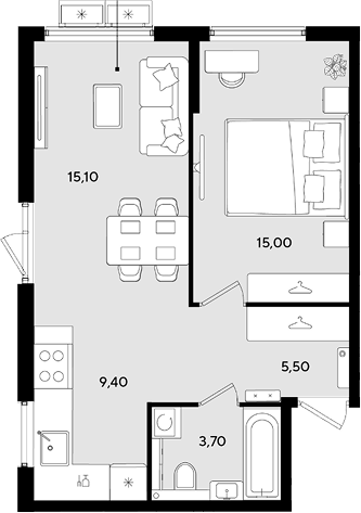 2-комн., 48.7 м², 2/18 этаж, ЖК «Порто-Ново»