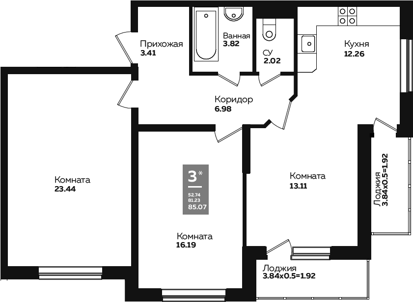 3-комн., 77.46 м², 2/24 этаж, ЖК «Левада»