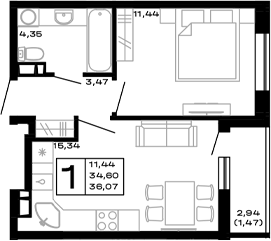 1-комн., 34.6 м², 14/16 этаж, ЖК «Горные высоты»