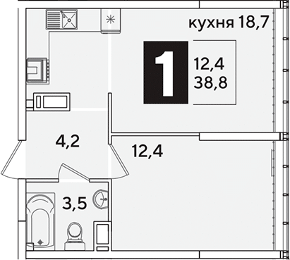 2-комн., 38.8 м², 15/16 этаж, ЖК «Самолет»