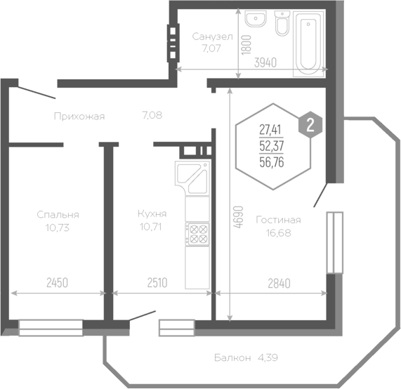 2-комн., 52.81 м², 13/19 этаж, ЖК «Черкасская»