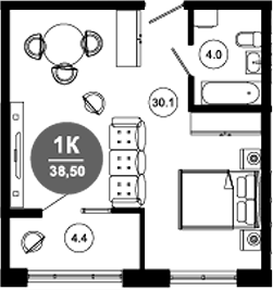 1-комн., 34.1 м², 2/10 этаж, ЖК «Гостиничный комплекс GREENMONT»