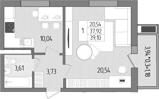 1-комн., 37.92 м², 5/8 этаж, ЖК «Сады у моря»