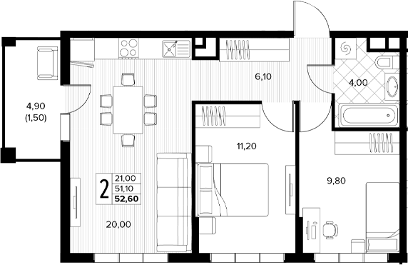 2-комн., 51.1 м², 4/6 этаж, ЖК «Кипарис»