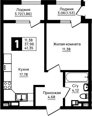 1-комн., 37.96 м², 5/9 этаж, ЖК «Резиденция морей»