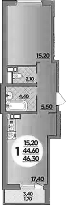 1-комн., 44.6 м², 7/18 этаж, ЖК «Парк у дома»