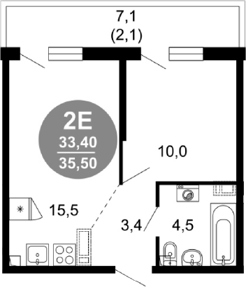 2-комн., 33.4 м², 2/17 этаж, ЖК «Лестория»