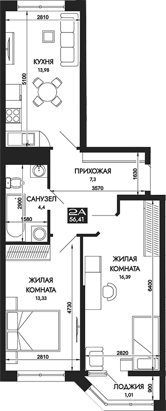 2-комн., 55.4 м², 5/16 этаж, ЖК «Вершины. ГК Смена»