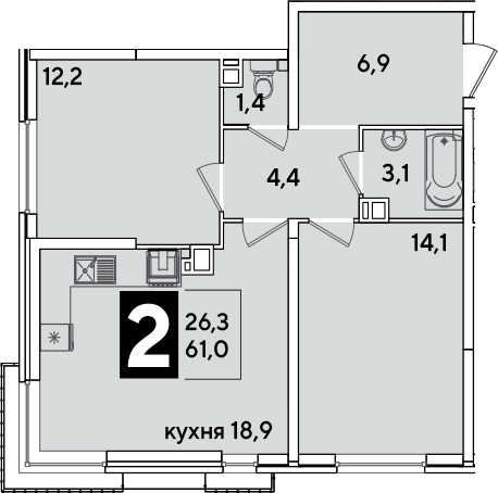 3-комн., 61 м², 3/16 этаж, ЖК «Самолет»