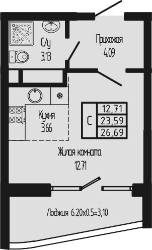 Студия, 23.59 м², 12/12 этаж, ЖК «Sun Hills Ольгинка»
