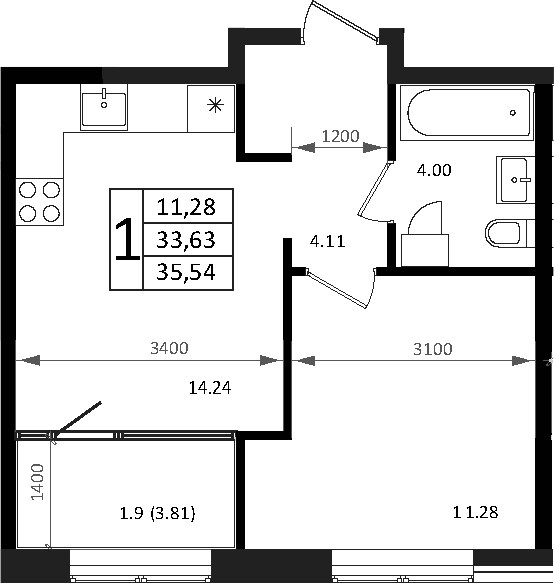 2-комн., 33.63 м², 6/7 этаж, ЖК «Патрики»