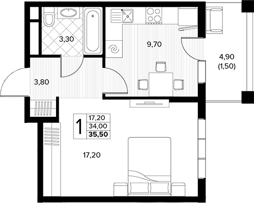1-комн., 34 м², 3/6 этаж, ЖК «Кипарис»
