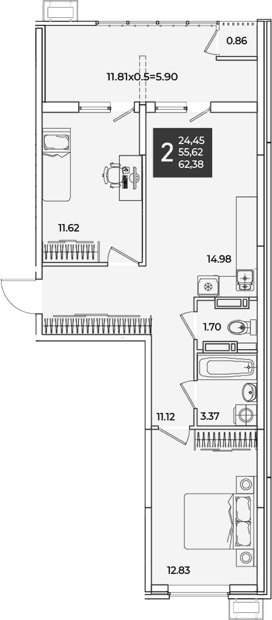 2-комн., 55.62 м², 14/18 этаж, ЖК «Образцово»