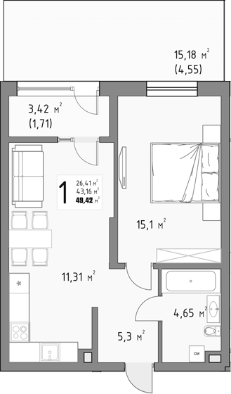 1-комн., 43.16 м², 3/9 этаж, ЖК «Коллекция»