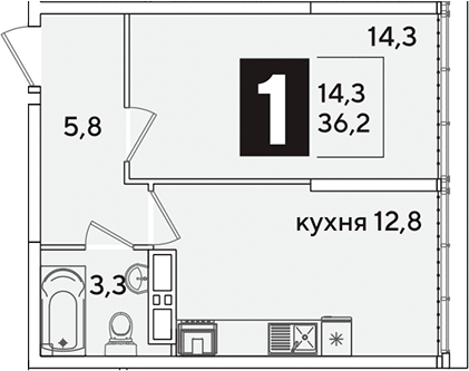 1-комн., 36.2 м², 16/16 этаж, ЖК «Самолет»
