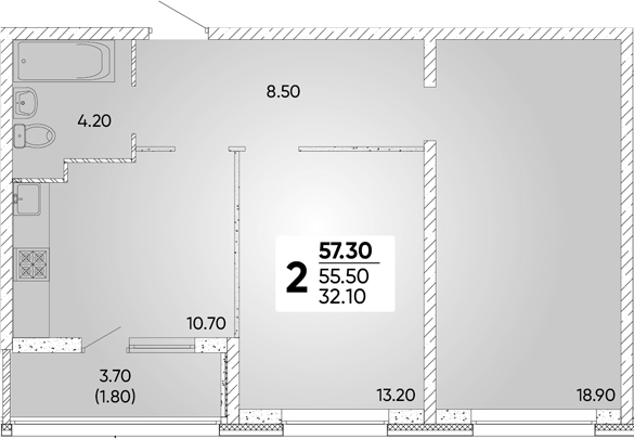 2-комн., 55.5 м², 2/18 этаж, ЖК «Архитектор. ГК ЮгСтройИнвест»