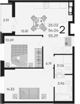 2-комн., 54.04 м², 6/9 этаж, ЖК «Дом 101»