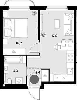 2-комн., 34.6 м², 2/9 этаж, ЖК «Грейд»