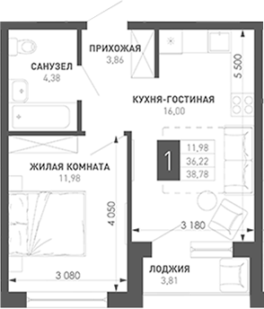 1-комн., 36.22 м², 3/18 этаж, ЖК «Иначе в Молодежном»