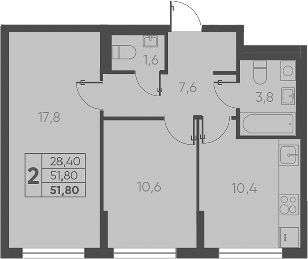 2-комн., 51.8 м², 1/15 этаж, ЖК «Барса»