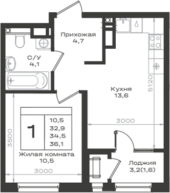 1-комн., 32.9 м², 8/12 этаж, ЖК «Нагория»