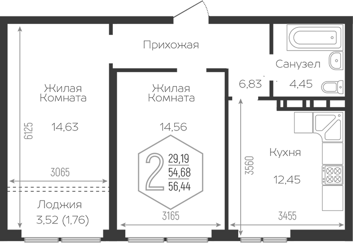 2-комн., 52.92 м², 14/24 этаж, ЖК «Гарантия PRIME»