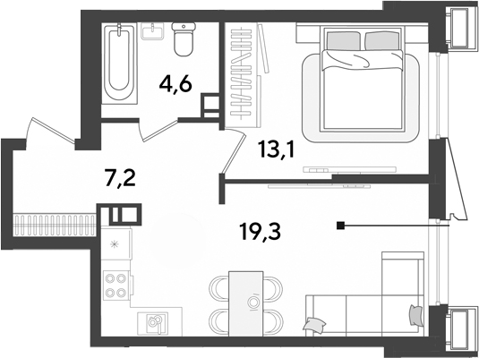 2-комн., 44.2 м², 9/18 этаж, ЖК «Парк Победы»