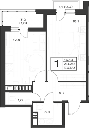 1-комн., 38.3 м², 4/4 этаж, ЖК «ЭкоСфера. ГК Во-первых»