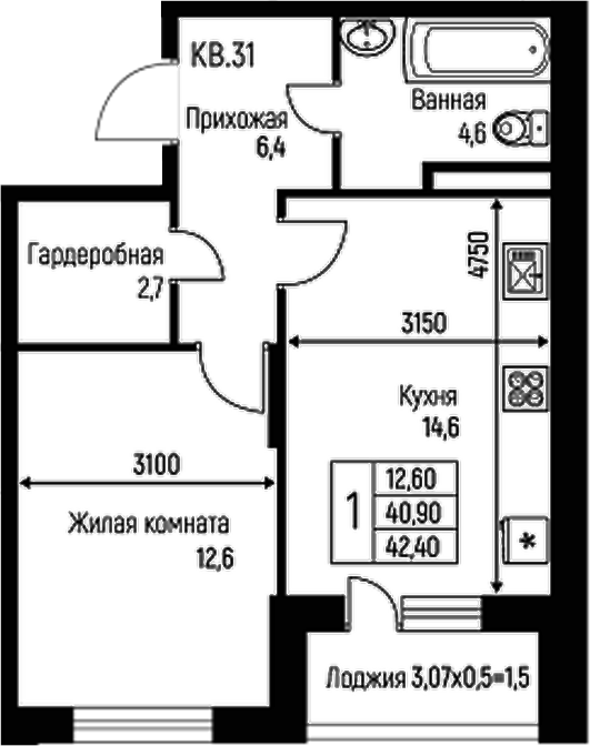 1-комн., 40.9 м², 2/3 этаж, ЖК «Nova Vita»