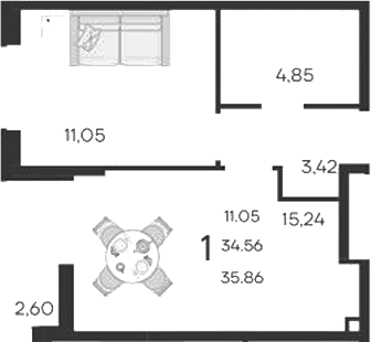 1-комн., 34.56 м², 2/9 этаж, ЖК «Дом 101»