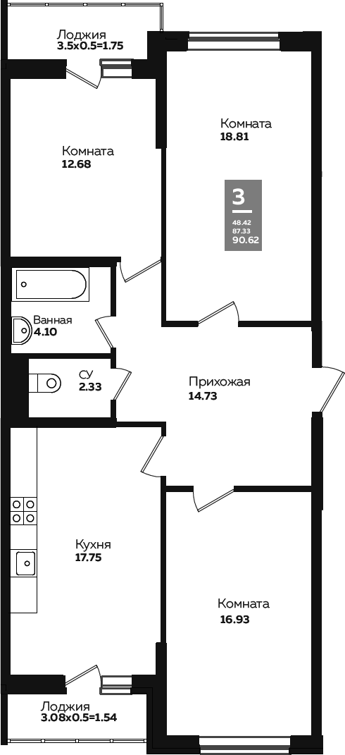 3-комн., 84.31 м², 2/24 этаж, ЖК «Левада»