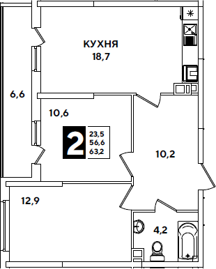 3-комн., 56.6 м², 5/16 этаж, ЖК «Самолет»