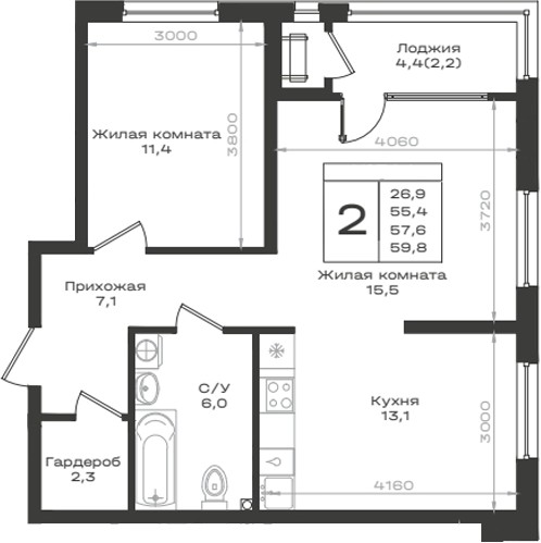 2-комн., 55.4 м², 2/14 этаж, ЖК «Нагория»
