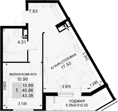 1-комн., 40.86 м², 14/18 этаж, ЖК «Фонтаны»