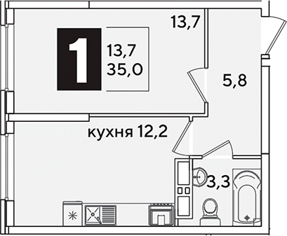 1-комн., 35 м², 11/16 этаж, ЖК «Самолет»