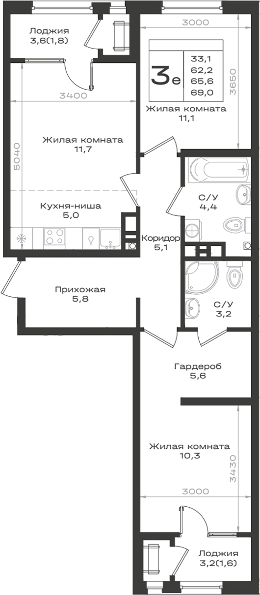 3-комн., 62.2 м², 9/9 этаж, ЖК «Нагория»