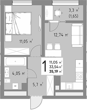 1-комн., 33.54 м², 4/9 этаж, ЖК «Коллекция»