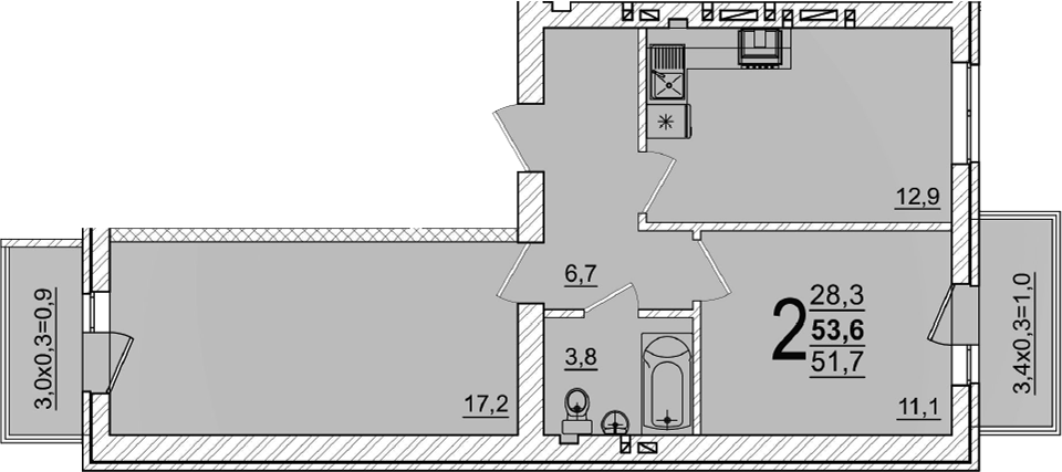 2-комн., 51.7 м², 4/5 этаж, ЖК «Дарград»