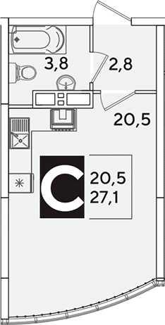 Студия, 27.1 м², 16/16 этаж, ЖК «Самолет»