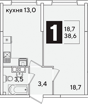 1-комн., 38.6 м², 9/16 этаж, ЖК «Самолет»