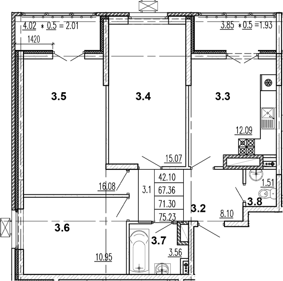3-комн., 63.94 м², 2/8 этаж, ЖК «Центральный двор»