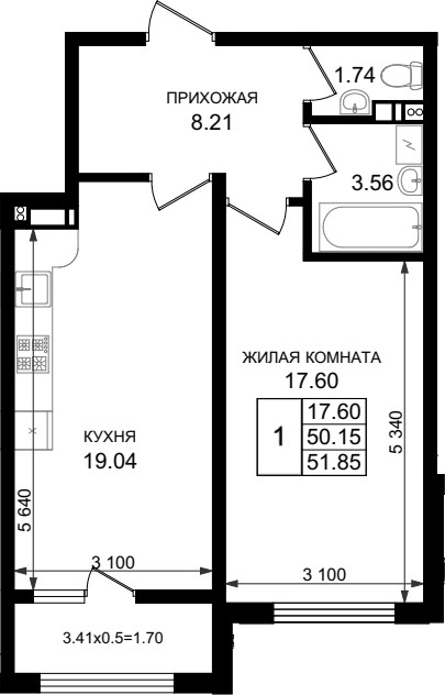 1-комн., 50.15 м², 4/8 этаж, ЖК «Резиденция морей»