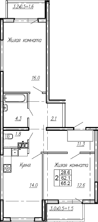 2-комн., 62.1 м², 1/4 этаж, ЖК «Эво»