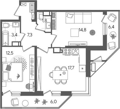 3-комн., 57.5 м², 22/24 этаж, ЖК «Рекорд»