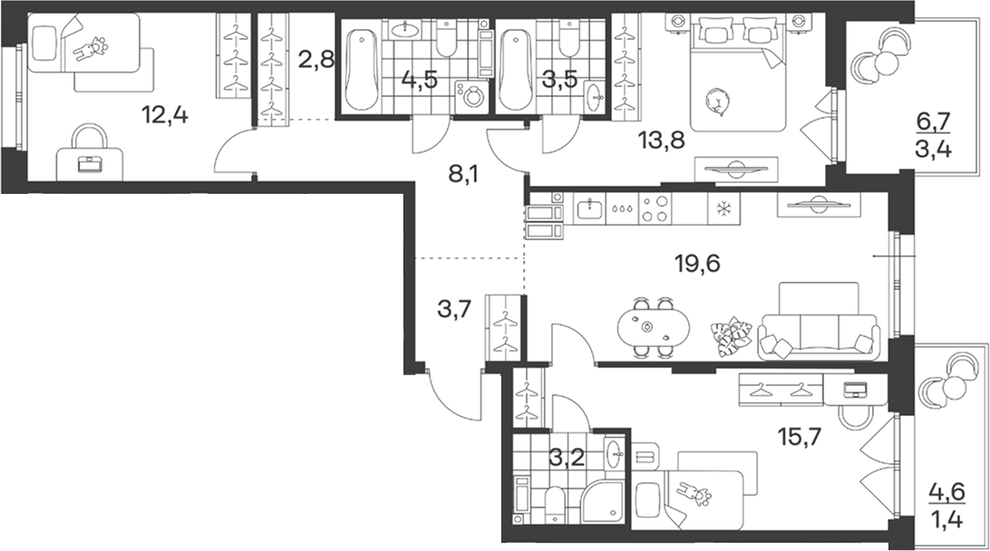 4+ комнаты, 87.3 м², 5/6 этаж, ЖК «Символ. ГК Трест»