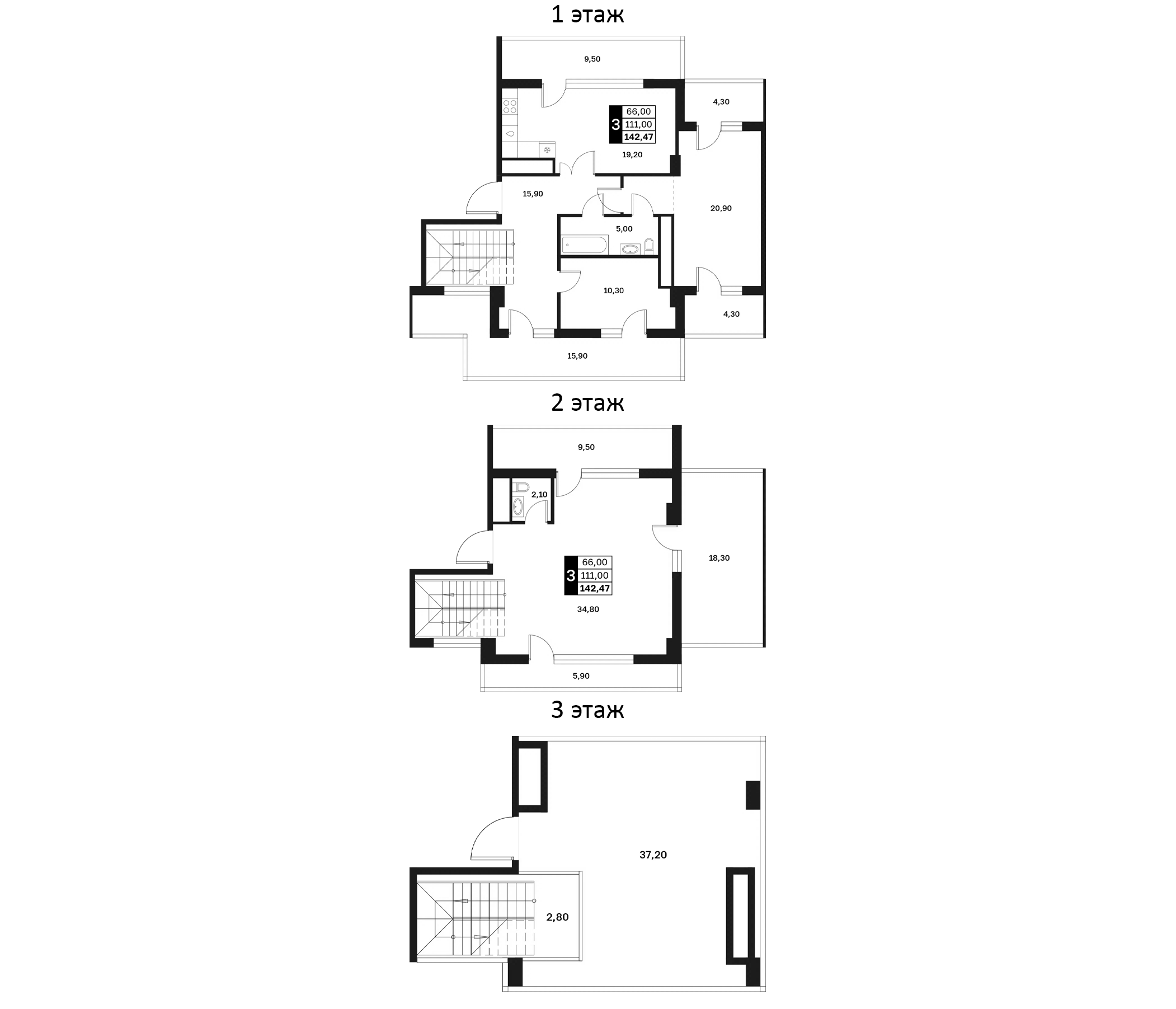 3-комн., 111 м², 12/14 этаж, ЖК «Аксис Патриот»
