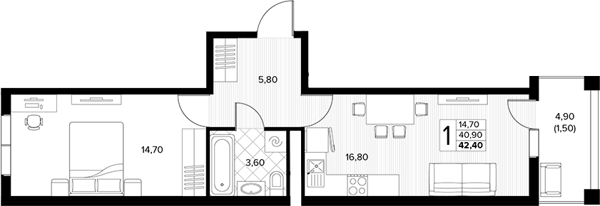 1-комн., 40.9 м², 2/7 этаж, ЖК «Кипарис»