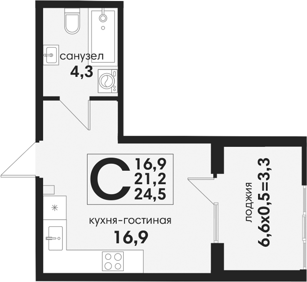 Студия, 21.2 м², 1/4 этаж, ЖК «Новая Елизаветка»