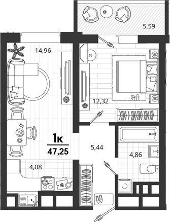1-комн., 41.66 м², 6/18 этаж, ЖК «Родные Просторы»